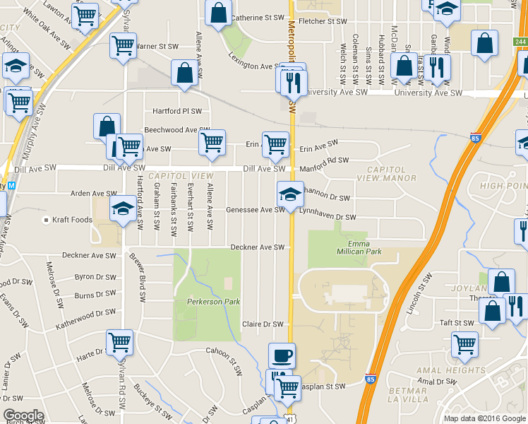 map of restaurants, bars, coffee shops, grocery stores, and more near 1440 Belmont Avenue Southwest in Atlanta