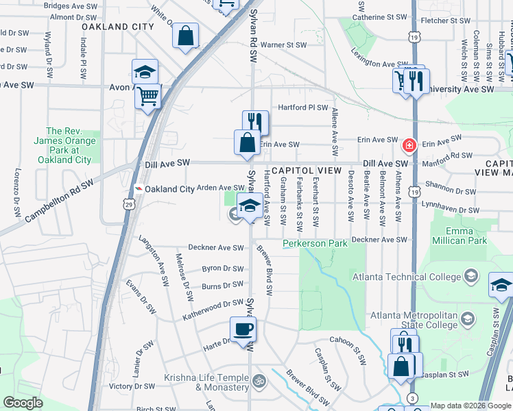 map of restaurants, bars, coffee shops, grocery stores, and more near 1461 Sylvan Road Southwest in Atlanta