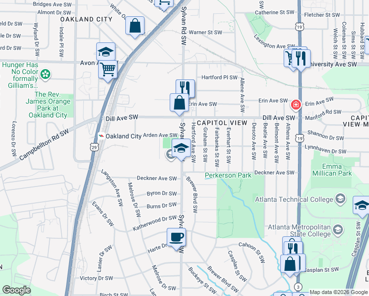 map of restaurants, bars, coffee shops, grocery stores, and more near 1461 Sylvan Road Southwest in Atlanta