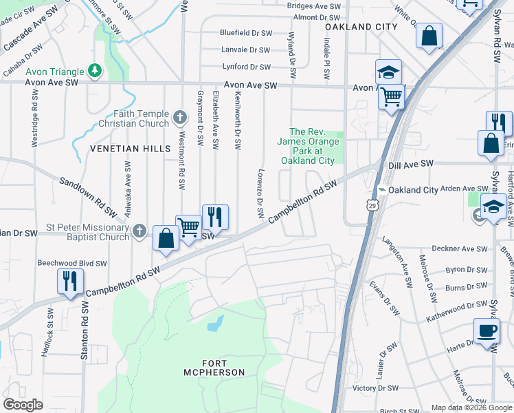 map of restaurants, bars, coffee shops, grocery stores, and more near 1437 Lorenzo Drive Southwest in Atlanta