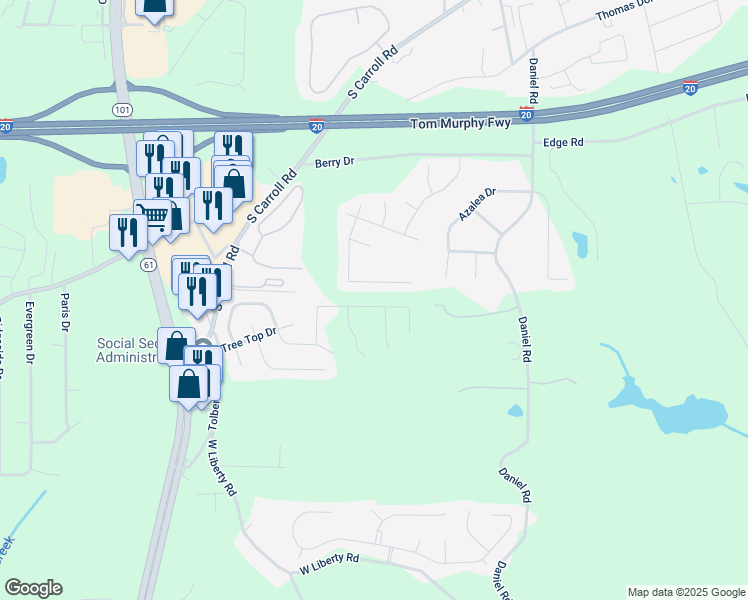 map of restaurants, bars, coffee shops, grocery stores, and more near 748 Great Oak Place in Villa Rica