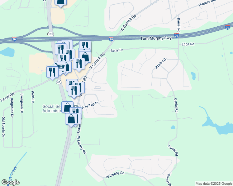 map of restaurants, bars, coffee shops, grocery stores, and more near 734 Great Oak Place in Villa Rica