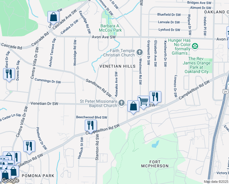 map of restaurants, bars, coffee shops, grocery stores, and more near 1433 Aniwaka Avenue Southwest in Atlanta