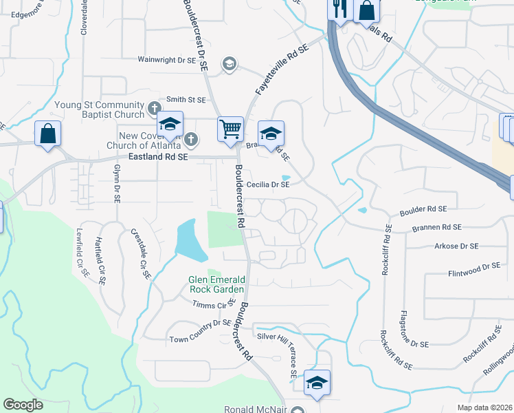 map of restaurants, bars, coffee shops, grocery stores, and more near 1450 B Bouldercrest Road in Atlanta