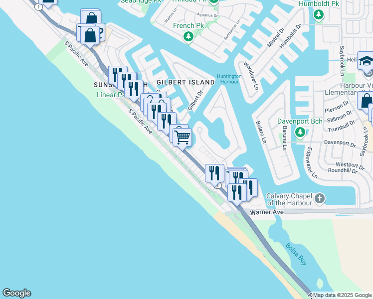 map of restaurants, bars, coffee shops, grocery stores, and more near in Huntington Beach