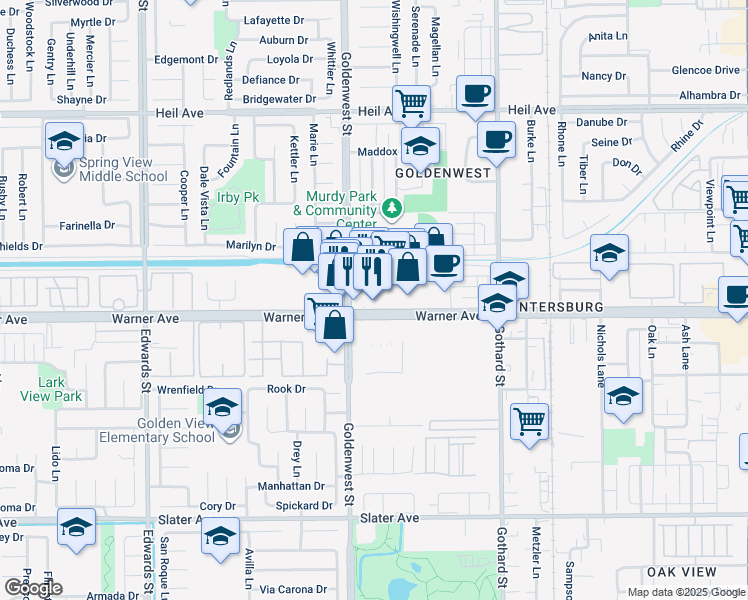 map of restaurants, bars, coffee shops, grocery stores, and more near 7102-7172 Warner Avenue in Huntington Beach