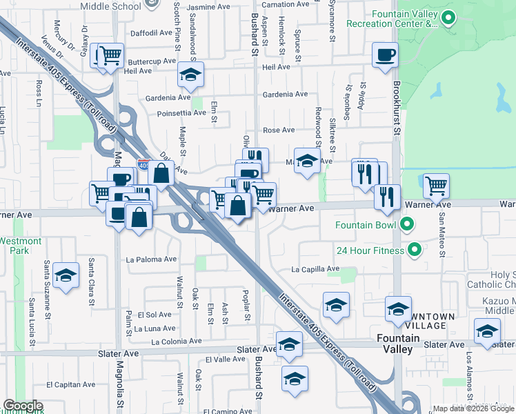 map of restaurants, bars, coffee shops, grocery stores, and more near Warner Ave & Bushard St in Fountain Valley
