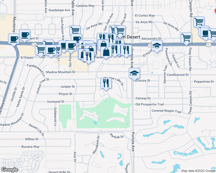 map of restaurants, bars, coffee shops, grocery stores, and more near 73850 Fairway Drive in Palm Desert