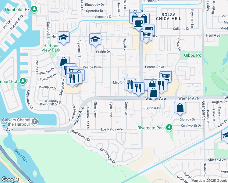 map of restaurants, bars, coffee shops, grocery stores, and more near 16922 Lynn Lane in Huntington Beach