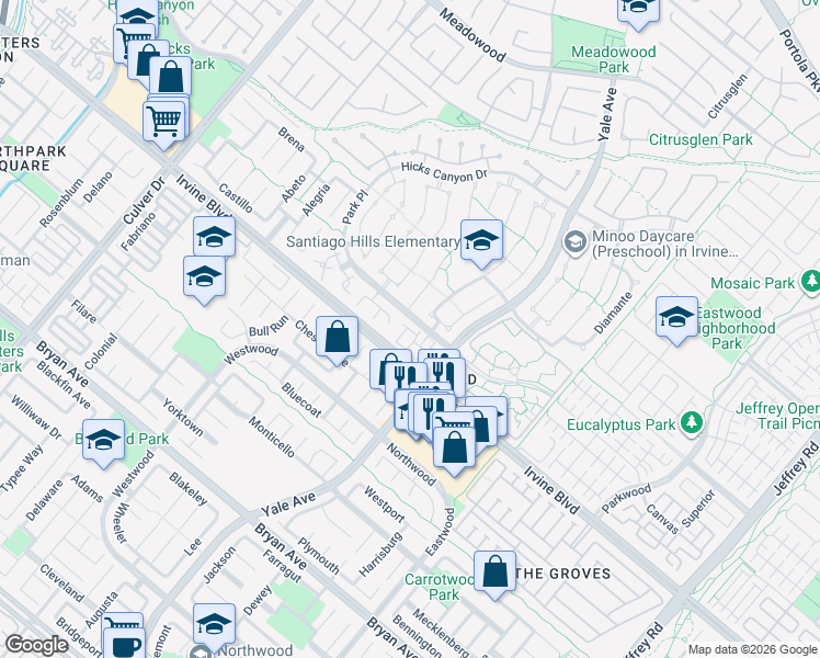 map of restaurants, bars, coffee shops, grocery stores, and more near 60 Christamon South in Irvine