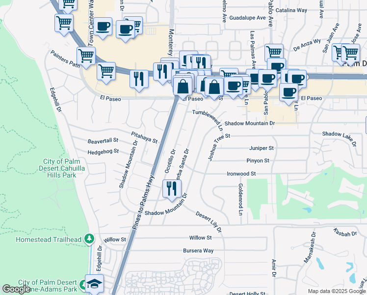 map of restaurants, bars, coffee shops, grocery stores, and more near 45715 Verba Santa Drive in Palm Desert