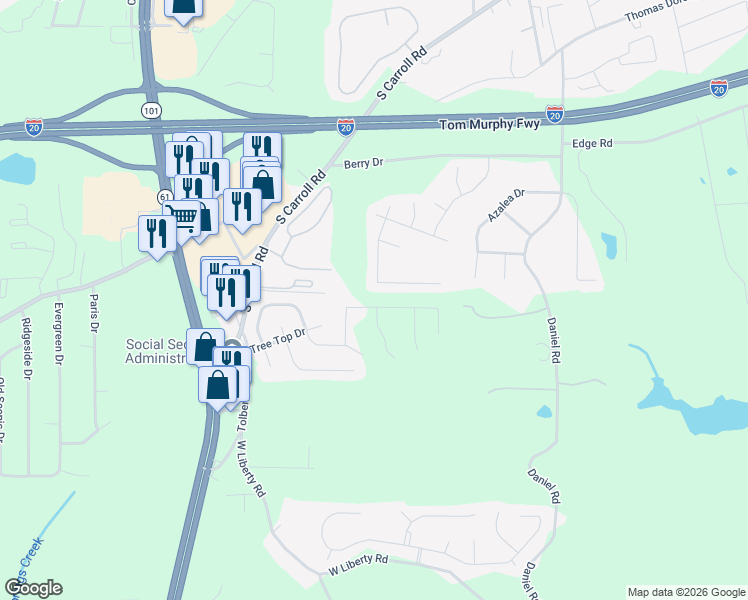map of restaurants, bars, coffee shops, grocery stores, and more near 634 Amberwood Drive in Villa Rica