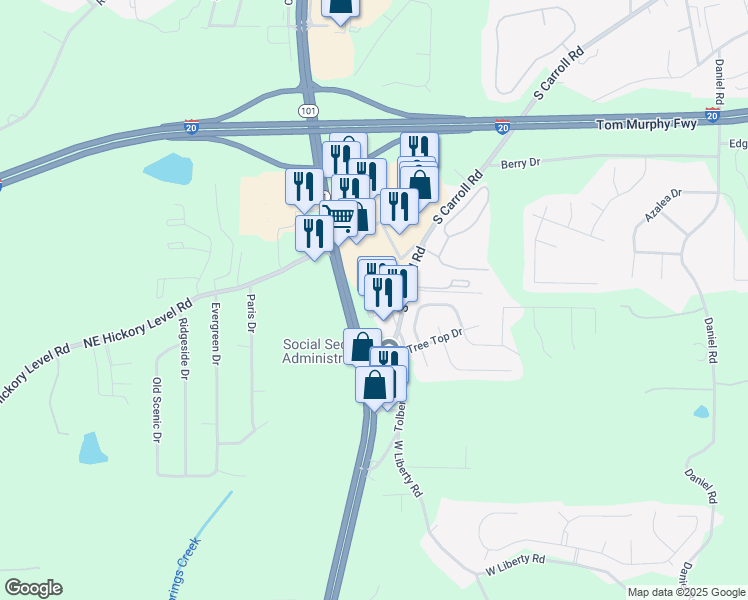 map of restaurants, bars, coffee shops, grocery stores, and more near 901 South Carroll Road in Villa Rica