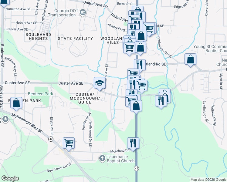 map of restaurants, bars, coffee shops, grocery stores, and more near 1390 Custer Way in Atlanta