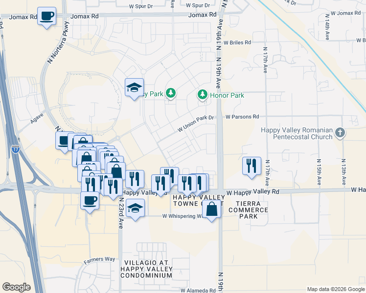 map of restaurants, bars, coffee shops, grocery stores, and more near 2051 West Desert Hollow Drive in Phoenix
