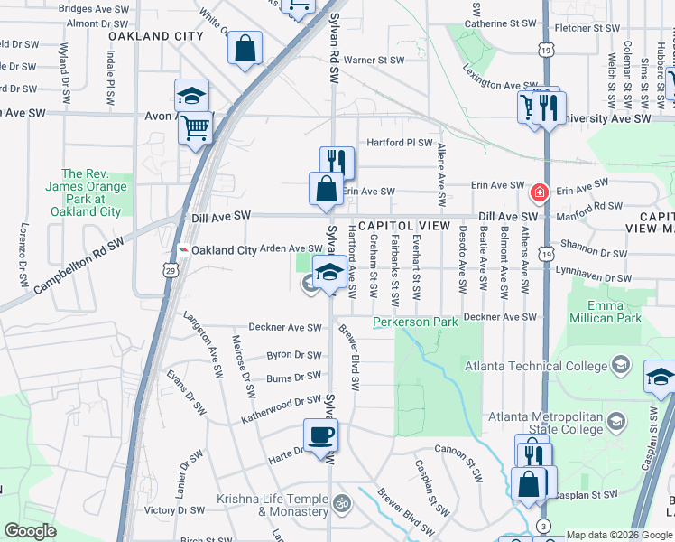 map of restaurants, bars, coffee shops, grocery stores, and more near 1461 Sylvan Road Southwest in Atlanta