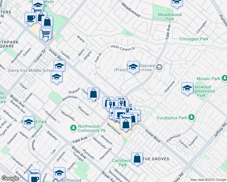 map of restaurants, bars, coffee shops, grocery stores, and more near 60 Christamon South in Irvine
