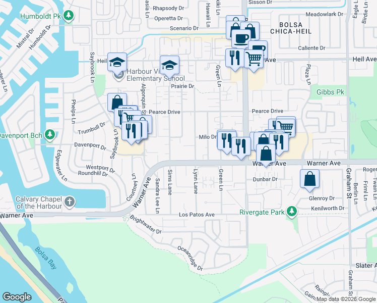 map of restaurants, bars, coffee shops, grocery stores, and more near 16901 Lynn Lane in Huntington Beach