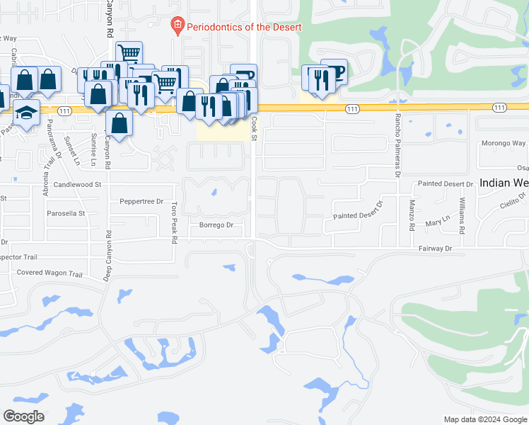 map of restaurants, bars, coffee shops, grocery stores, and more near 75134 Concho Drive in Indian Wells