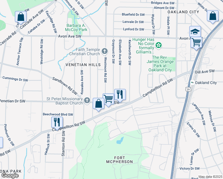 map of restaurants, bars, coffee shops, grocery stores, and more near 1397 Graymont Drive Southwest in Atlanta
