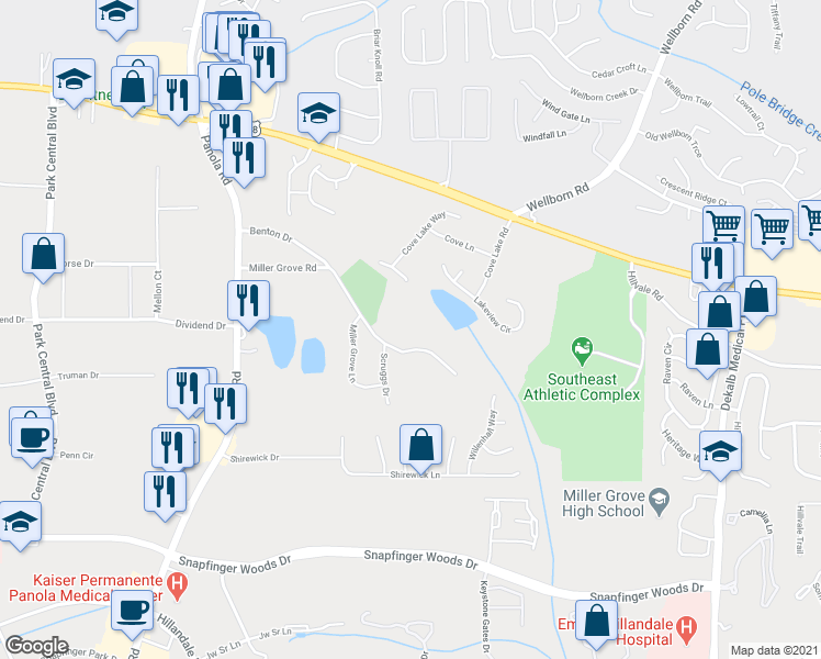 map of restaurants, bars, coffee shops, grocery stores, and more near 5650 Miller Grove Road in Lithonia