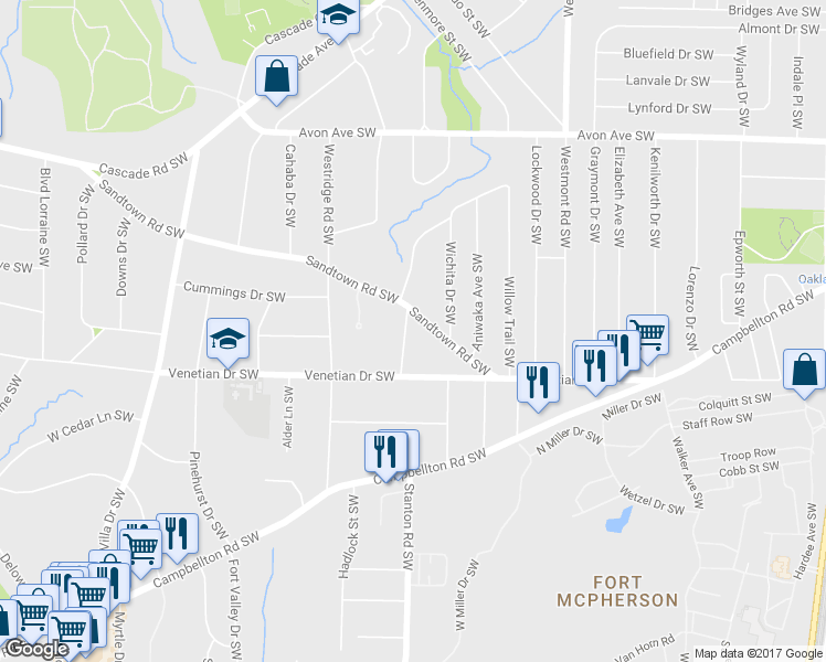 map of restaurants, bars, coffee shops, grocery stores, and more near 1442 Moray Street Southwest in Atlanta