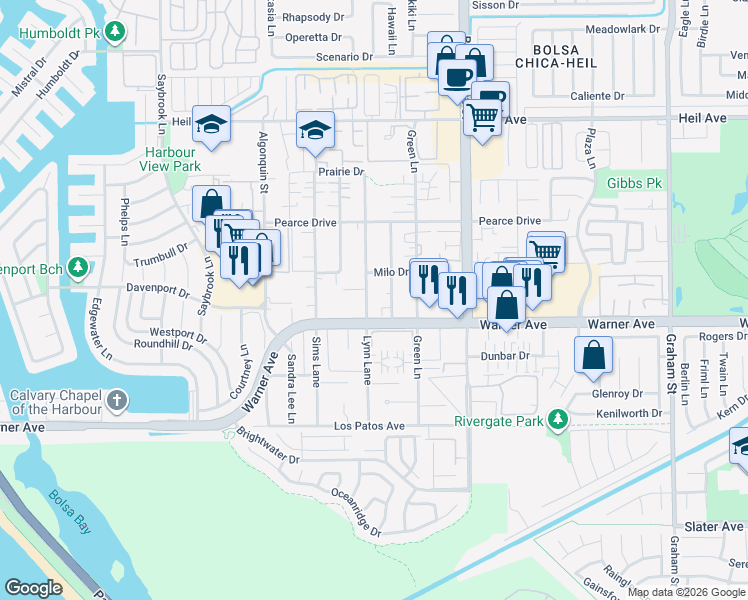 map of restaurants, bars, coffee shops, grocery stores, and more near 16982 Lynn Lane in Huntington Beach