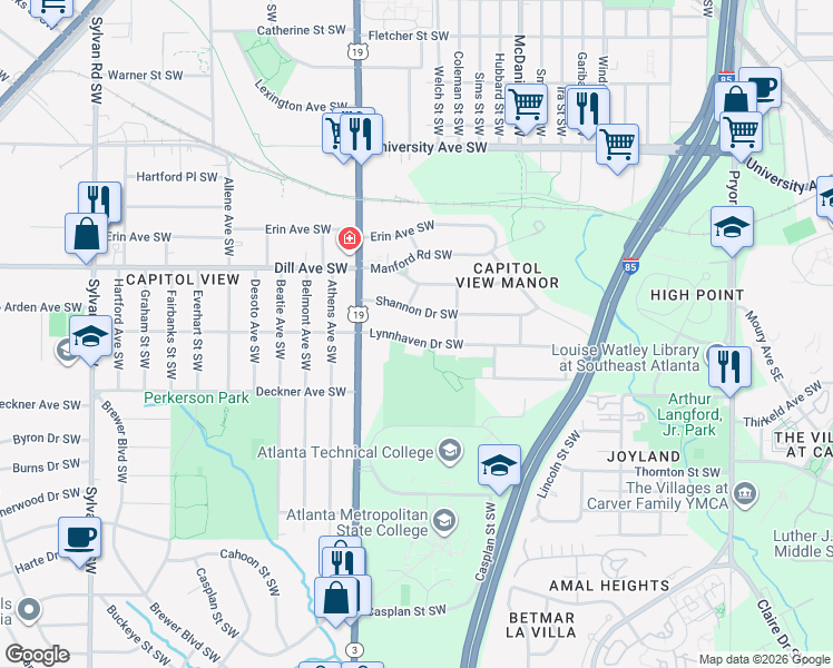 map of restaurants, bars, coffee shops, grocery stores, and more near 526 Lynnhaven Drive Southwest in Atlanta