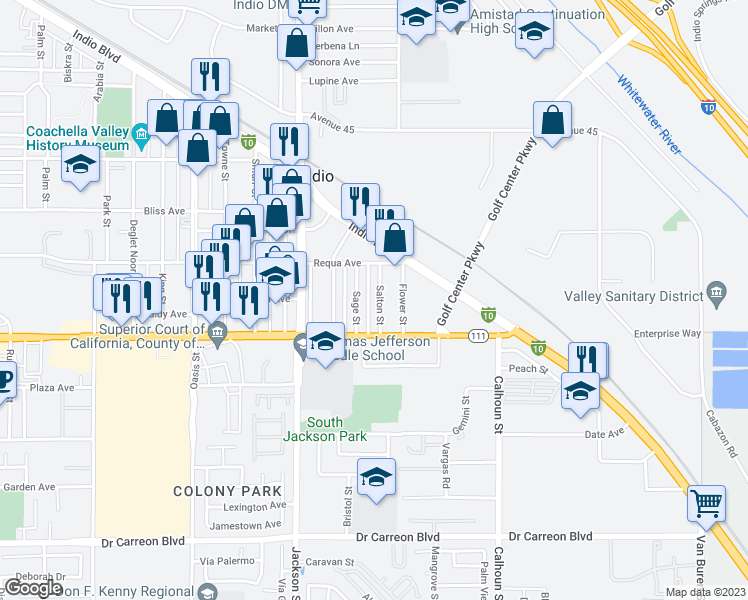 map of restaurants, bars, coffee shops, grocery stores, and more near 45805 Salton Street in Indio