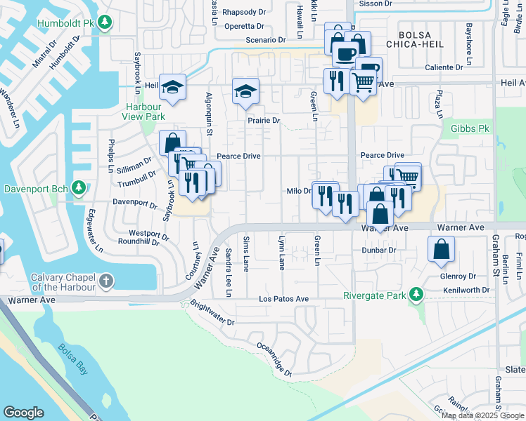 map of restaurants, bars, coffee shops, grocery stores, and more near 16912 Sims Lane in Huntington Beach