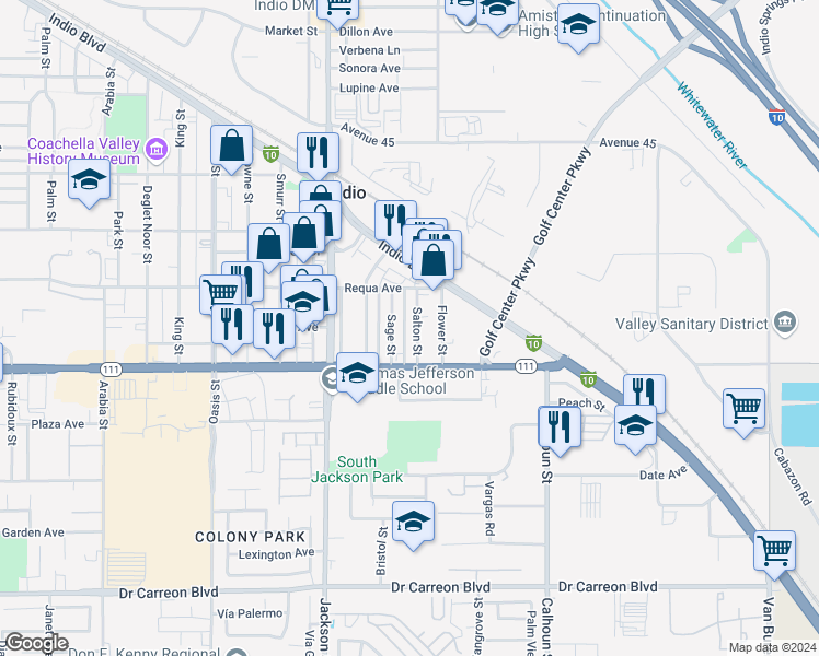 map of restaurants, bars, coffee shops, grocery stores, and more near 45805 Salton Street in Indio