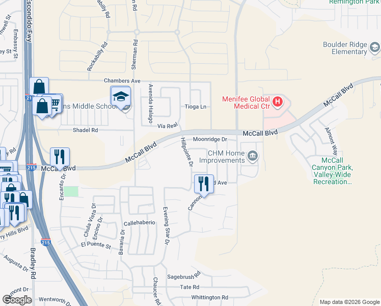 map of restaurants, bars, coffee shops, grocery stores, and more near 27806 Hillpointe Drive in Menifee