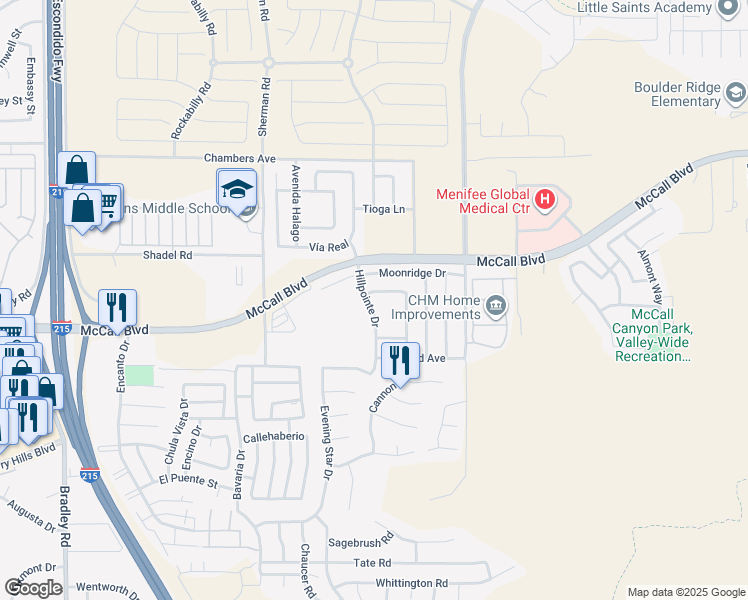 map of restaurants, bars, coffee shops, grocery stores, and more near 27806 Hillpointe Drive in Menifee