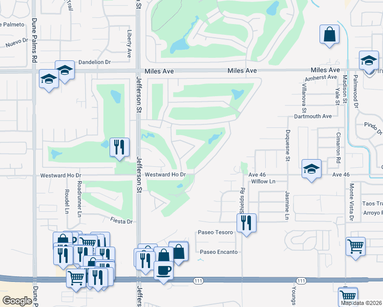 map of restaurants, bars, coffee shops, grocery stores, and more near 45902 Spyglass Hill Street in Indio