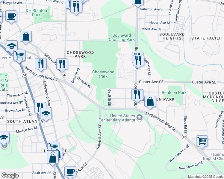 map of restaurants, bars, coffee shops, grocery stores, and more near 1396 Gault Street Southeast in Atlanta