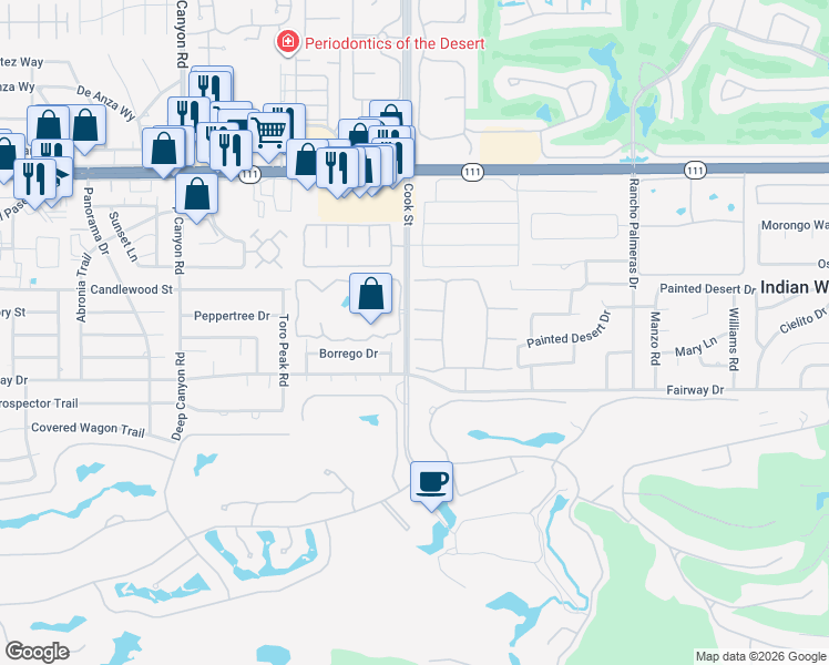 map of restaurants, bars, coffee shops, grocery stores, and more near 45830 Wingfoot Drive in Palm Desert