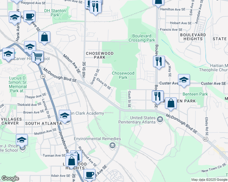 map of restaurants, bars, coffee shops, grocery stores, and more near 1400 Eric Street Southeast in Atlanta