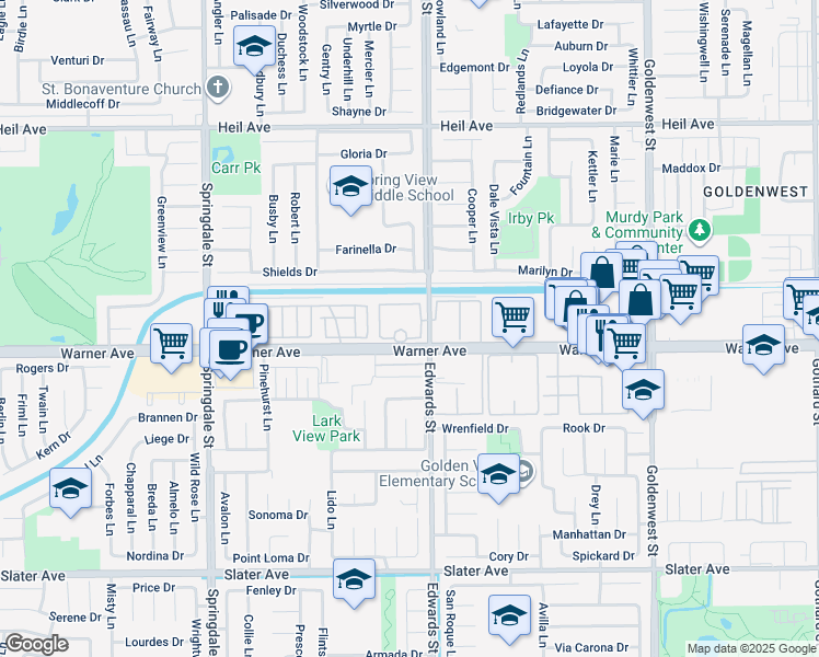 map of restaurants, bars, coffee shops, grocery stores, and more near 6401 Warner Avenue in Huntington Beach