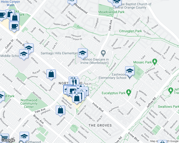 map of restaurants, bars, coffee shops, grocery stores, and more near 136 Pineview in Irvine