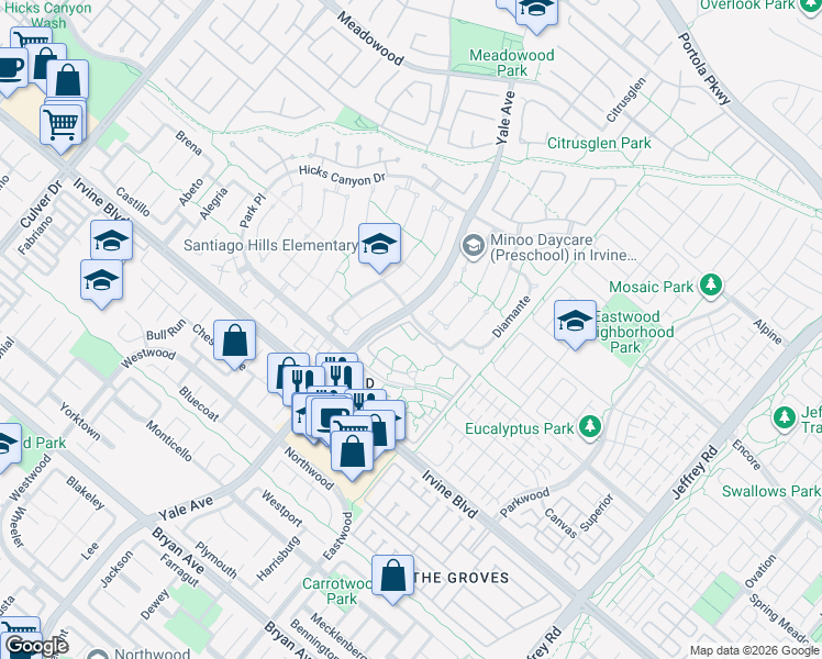 map of restaurants, bars, coffee shops, grocery stores, and more near 136 Pineview in Irvine