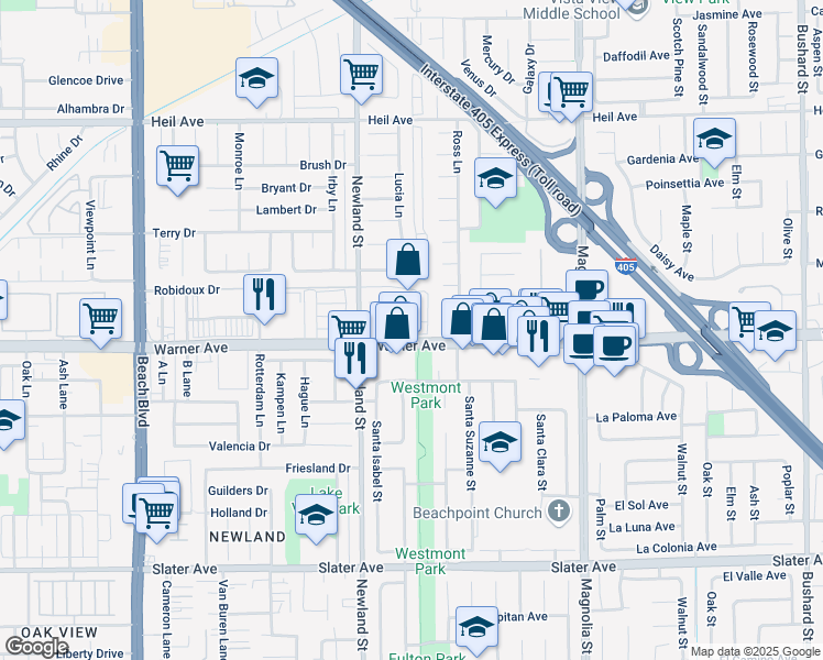 map of restaurants, bars, coffee shops, grocery stores, and more near 8602 Warner Avenue in Fountain Valley