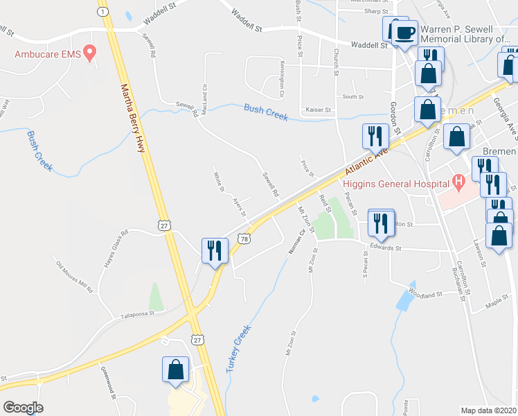 map of restaurants, bars, coffee shops, grocery stores, and more near 409 Tallapoosa Street in Bremen