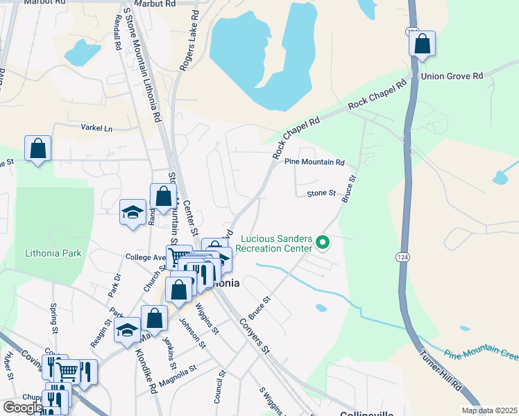 map of restaurants, bars, coffee shops, grocery stores, and more near Rock Chapel Road in Lithonia