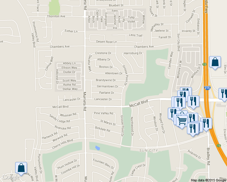 map of restaurants, bars, coffee shops, grocery stores, and more near 26224 Fairlane Drive in Sun City