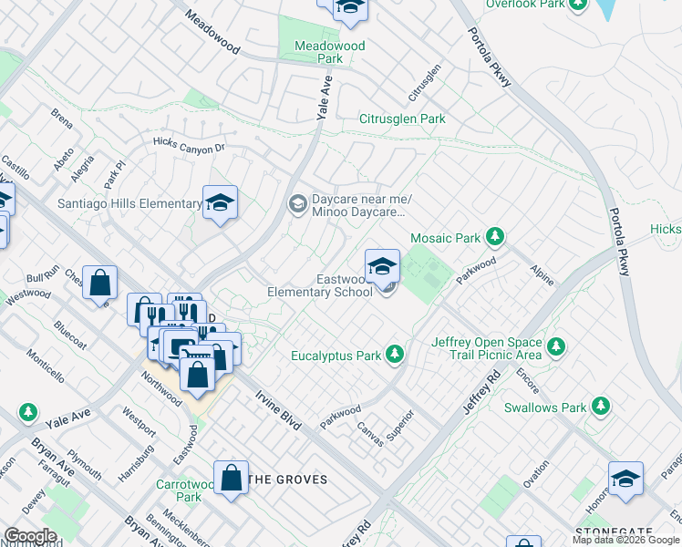 map of restaurants, bars, coffee shops, grocery stores, and more near 114 Hitching Post in Irvine