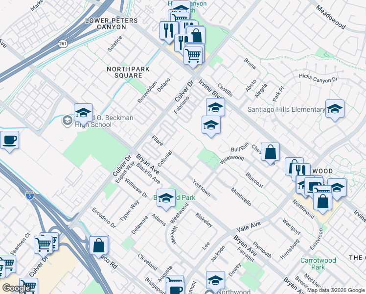 map of restaurants, bars, coffee shops, grocery stores, and more near 10 Brandywine in Irvine