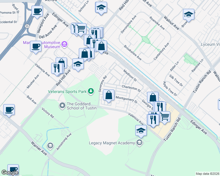 map of restaurants, bars, coffee shops, grocery stores, and more near 1409 Montgomery Street in Tustin