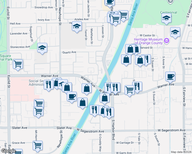map of restaurants, bars, coffee shops, grocery stores, and more near 17073 Mount Lomina Court in Fountain Valley