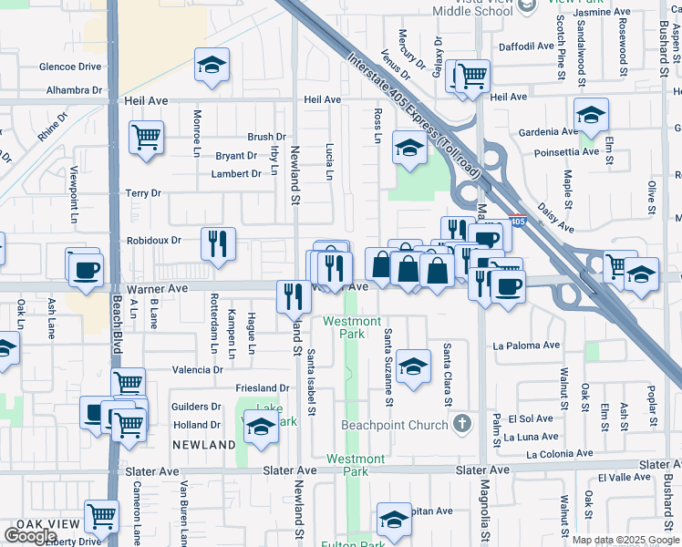 map of restaurants, bars, coffee shops, grocery stores, and more near 8602 Warner Avenue in Fountain Valley