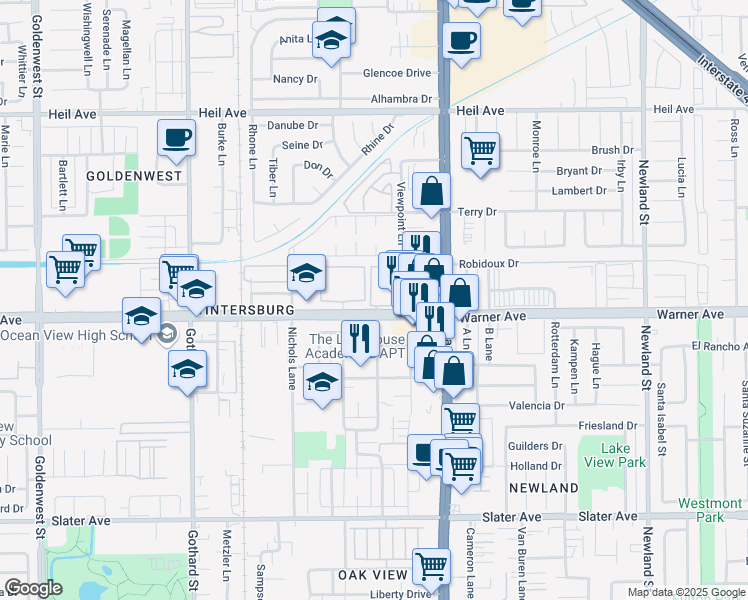 map of restaurants, bars, coffee shops, grocery stores, and more near 7822 Warner Avenue in Huntington Beach